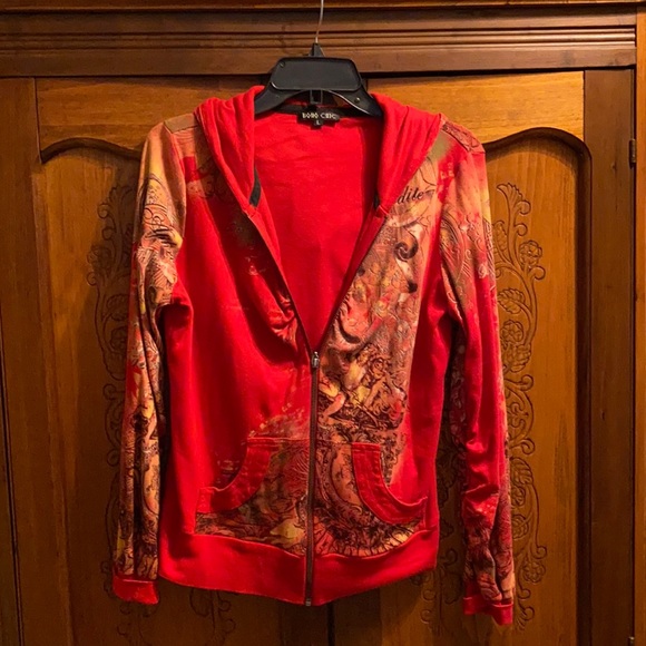 Red sweatshirt with designs and hood - Picture 1 of 5